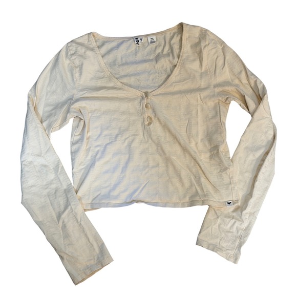 Roxy Tops - Y2K Roxy Cream Pointelle Knit Long Sleeve Henley Cropped Top Small Coquette Surf